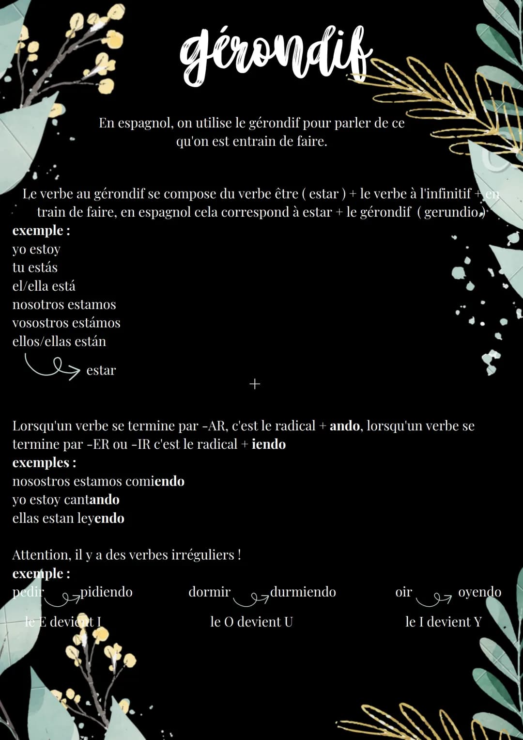 gérondif
En espagnol, on utilise le gérondif pour parler de ce
qu'on est entrain de faire.
Le verbe au gérondif se compose du verbe être ( e