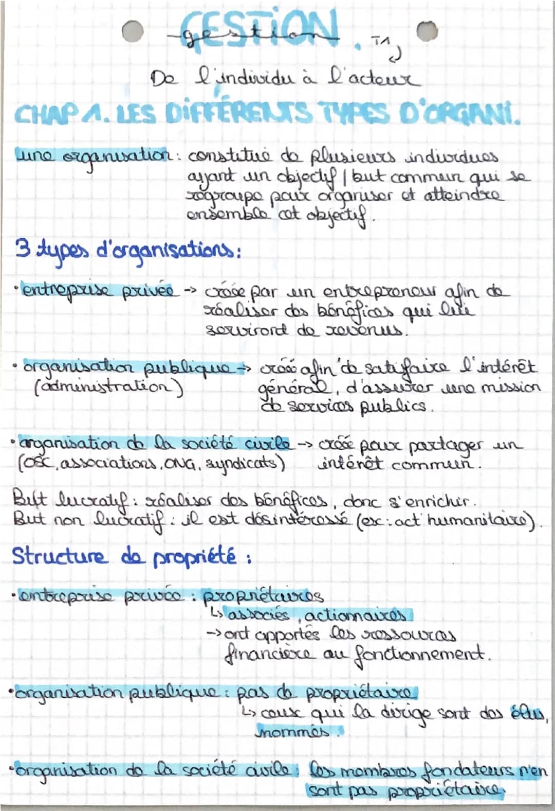 ● GESTION
TA
De l'individu à l'acteur
CHAPA. LES DIFFÉRENTS TYPES D'ORGANI.
Lune organisation: constitue de plusieurs individues
aljant un o