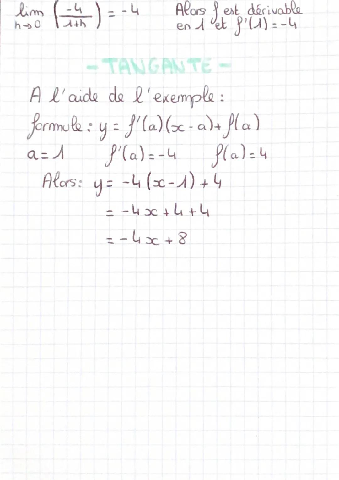 - dérivations.

formules: taux d'accroissement :
$
\frac{f(a+h)-f(a)}{h}
$

- Tangante :
$y = f'(a)(x-a)+f(a)$

EXEMPLE

21 fest la fonction