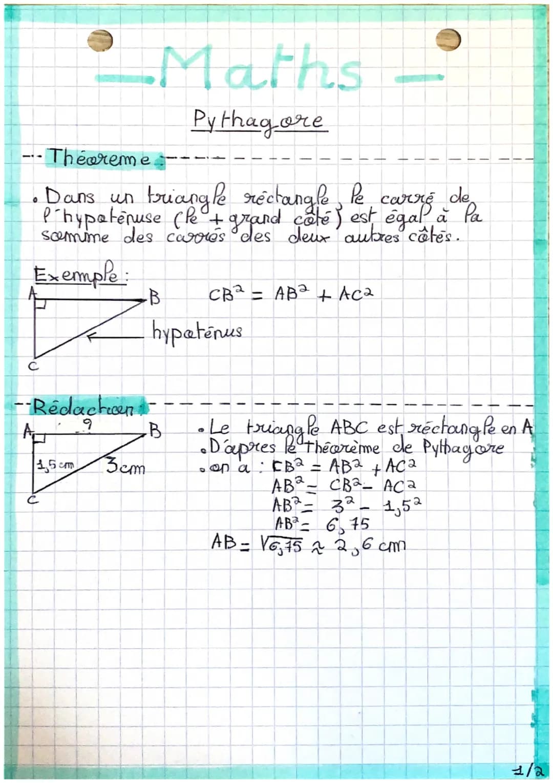 --Theoreme
de
Dans un triangle rectangle le carré
P´hypotenuse (le + grand caté) est égal à Pa
samime des carrés des deux autres côtés.
Exem
