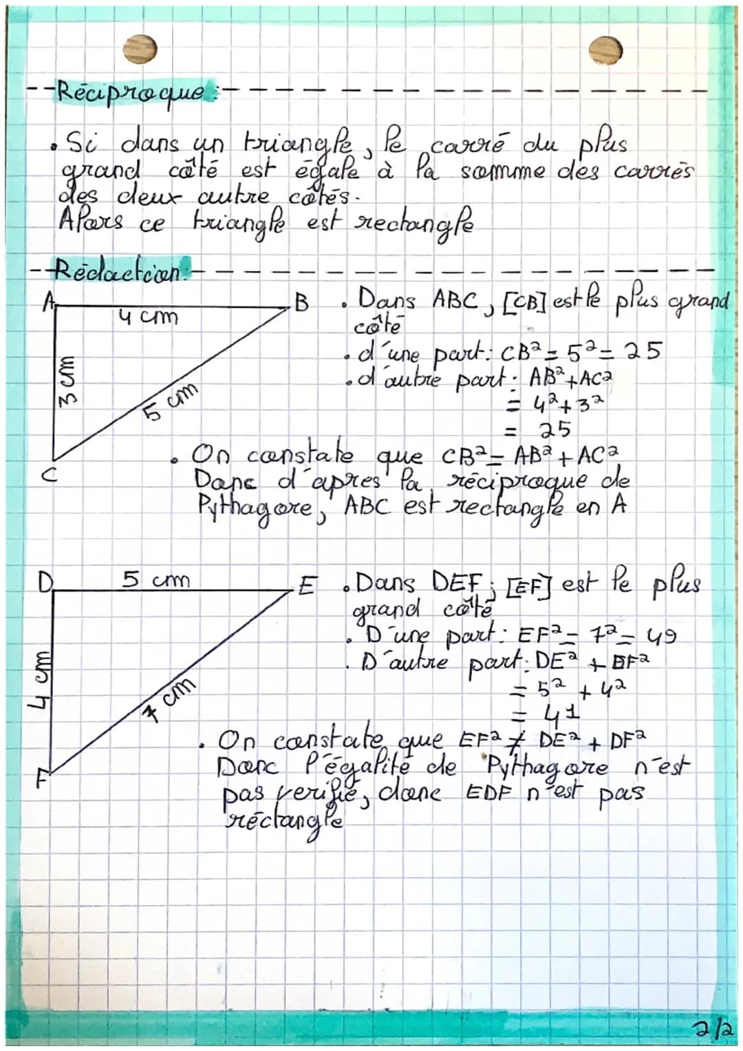 --Theoreme
de
Dans un triangle rectangle le carré
P´hypotenuse (le + grand caté) est égal à Pa
samime des carrés des deux autres côtés.
Exem