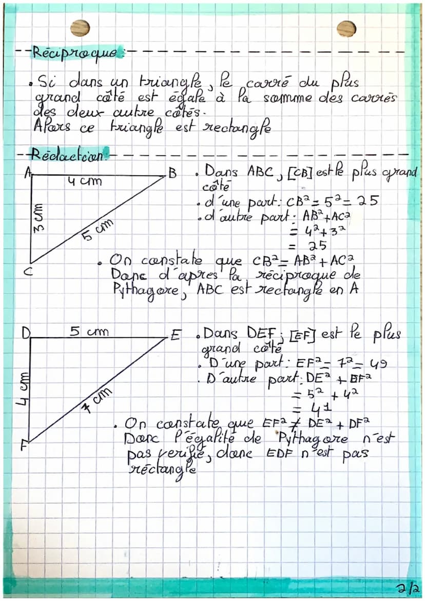 --Theoreme
de
Dans un triangle rectangle le carré
P´hypotenuse (le + grand caté) est égal à Pa
samime des carrés des deux autres côtés.
Exem