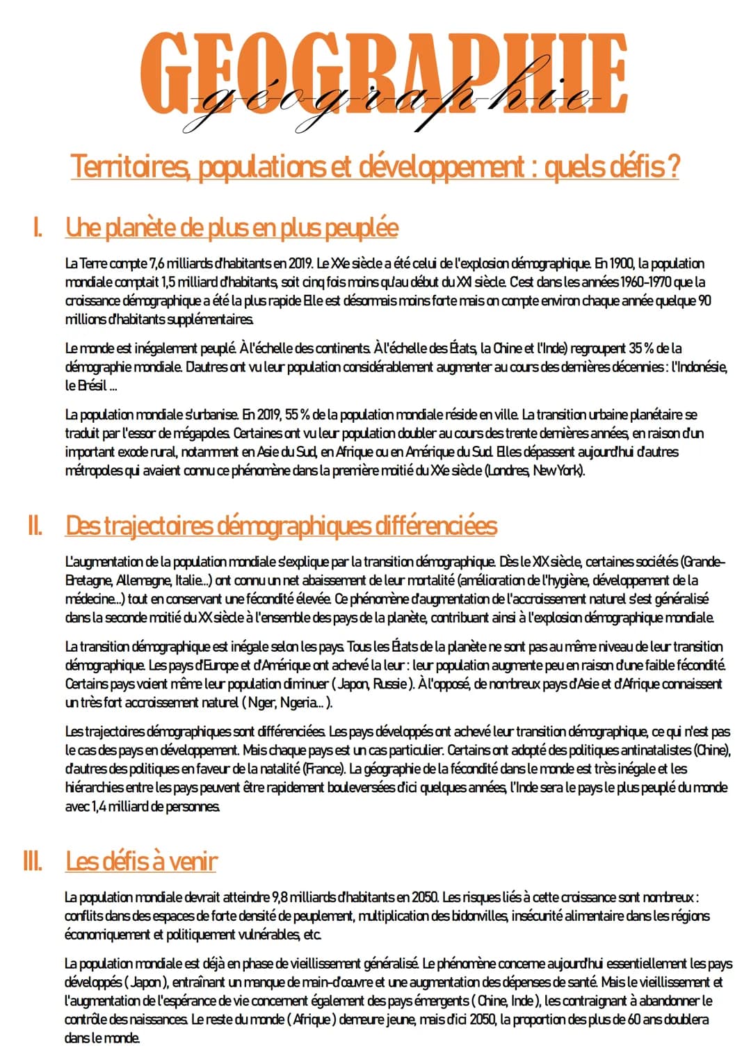 GEOGRAPHIE
Territoires, populations et développement : quels défis?
1. Uhe planète de plus en plus peuplée
La Terre compte 7,6 milliards d'h