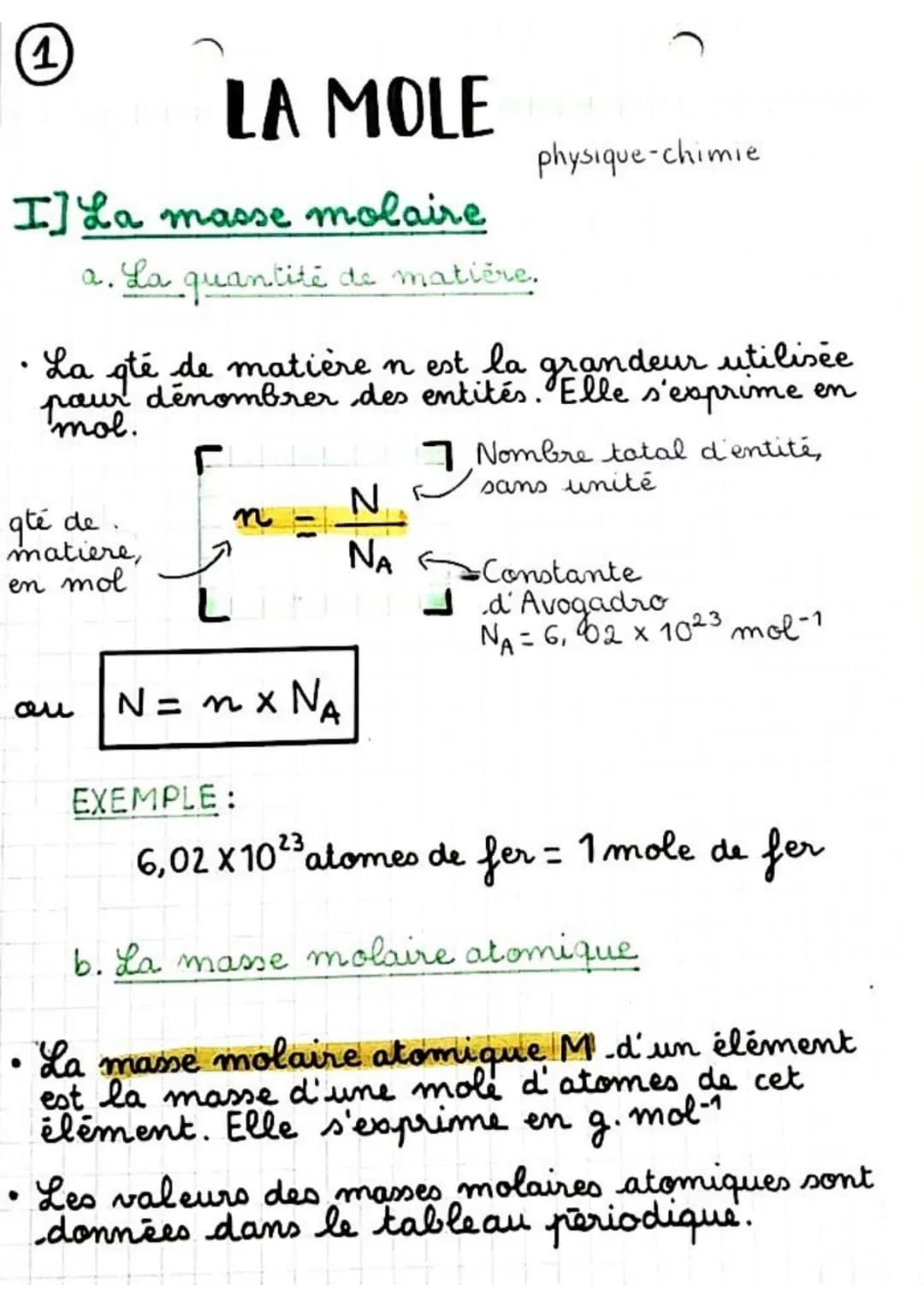 1
LA MOLE
I] La masse molaire
a. La quantité de matière.
.
La qté de matière n est la
grandeur utilisée
pour dénombrer des entités. Elle s'e