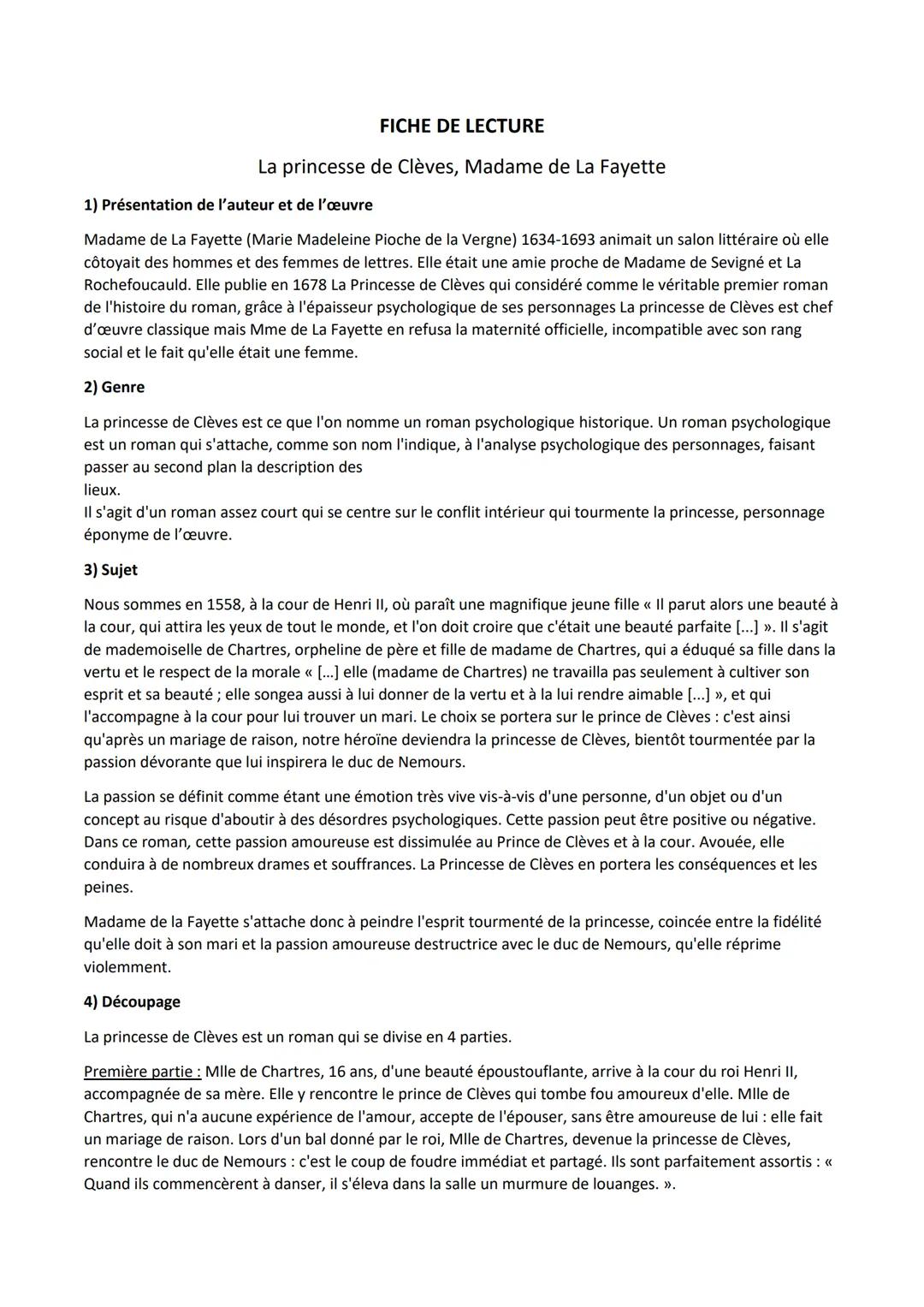 # FICHE DE LECTURE

La princesse de Clèves, Madame de La Fayette

1) Présentation de l'auteur et de l'œuvre

Madame de La Fayette (Marie Mad