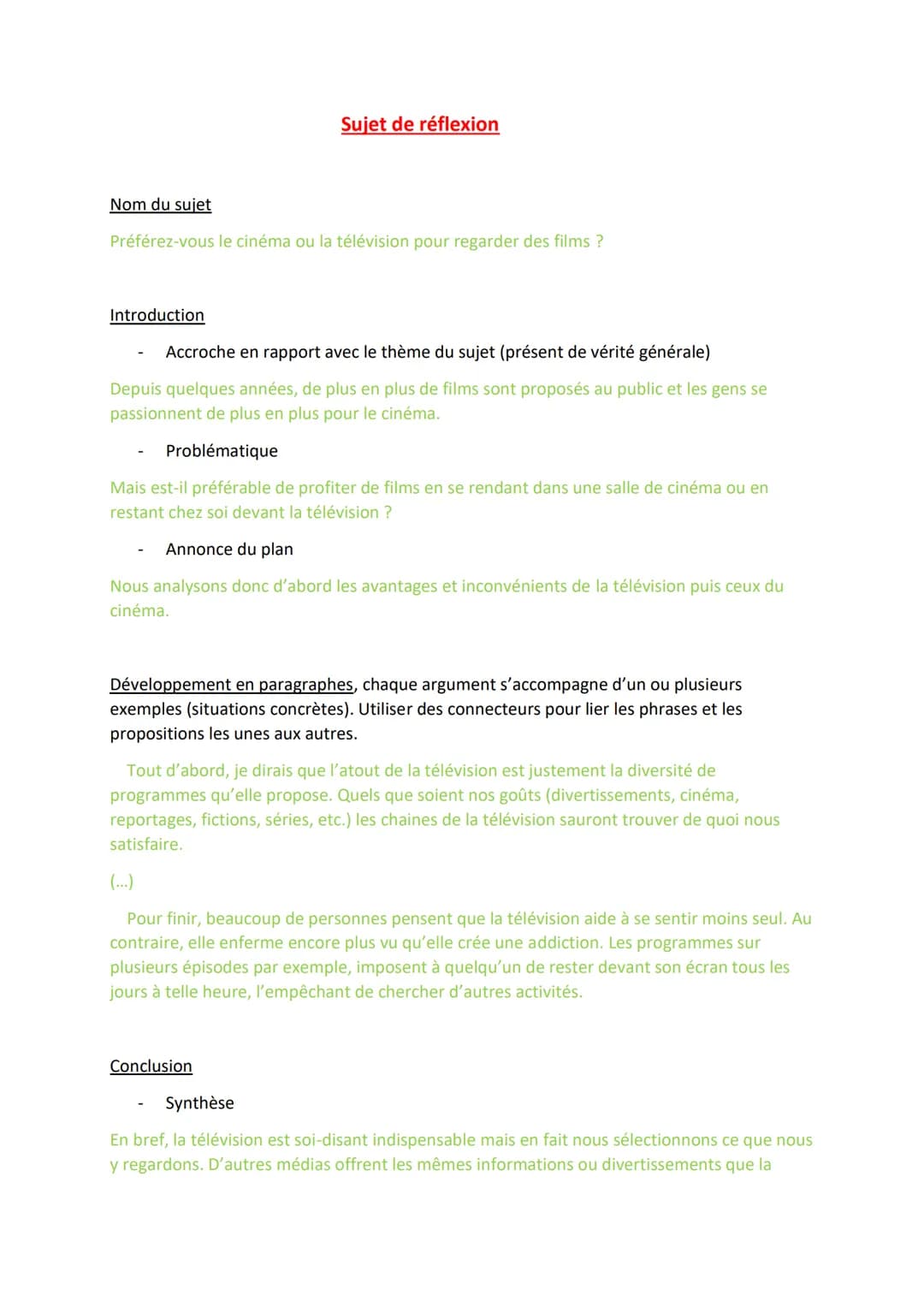 Nom du sujet
Préférez-vous le cinéma ou la télévision pour regarder des films ?
Introduction
Sujet de réflexion
Accroche en rapport avec le 