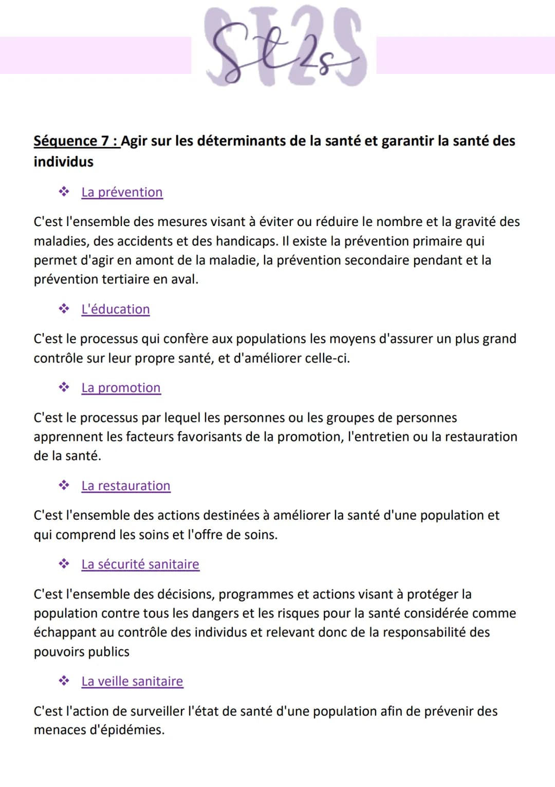 SEAS
Séquence 7: Agir sur les déterminants de la santé et garantir la santé des
individus
La prévention ܀
C'est l'ensemble des mesures visan