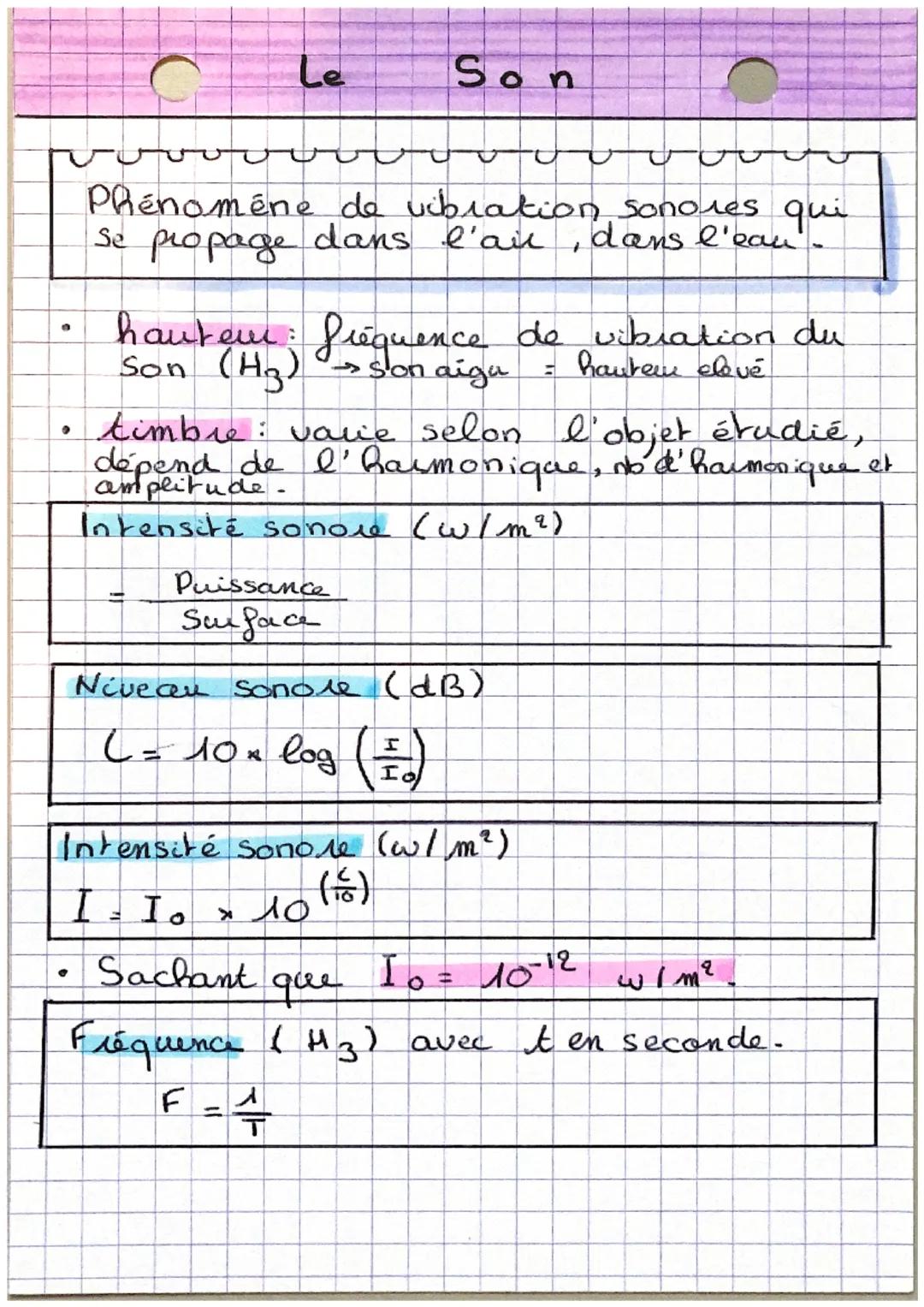 a
●
G
Le
Phénomène de vibration sonores qui
Se propage dans l'an, dans l'ean-
hauteur: fréquence de vibration du
Son (H₂)
eleve
son aigu
Son