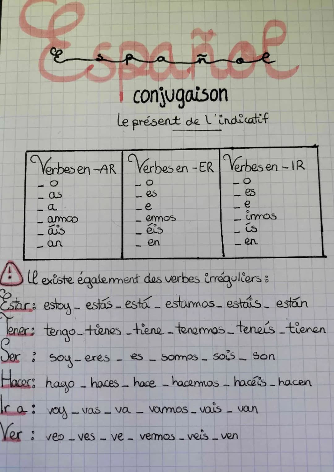 -
Verbes en -AR Verbes en -ER | Verbes en - IR
-
O
as
مستمعي
a
amos
ais
an
conjugaison
le présent de l'indicatif
voy - vas _ va
Ver : veo
ve