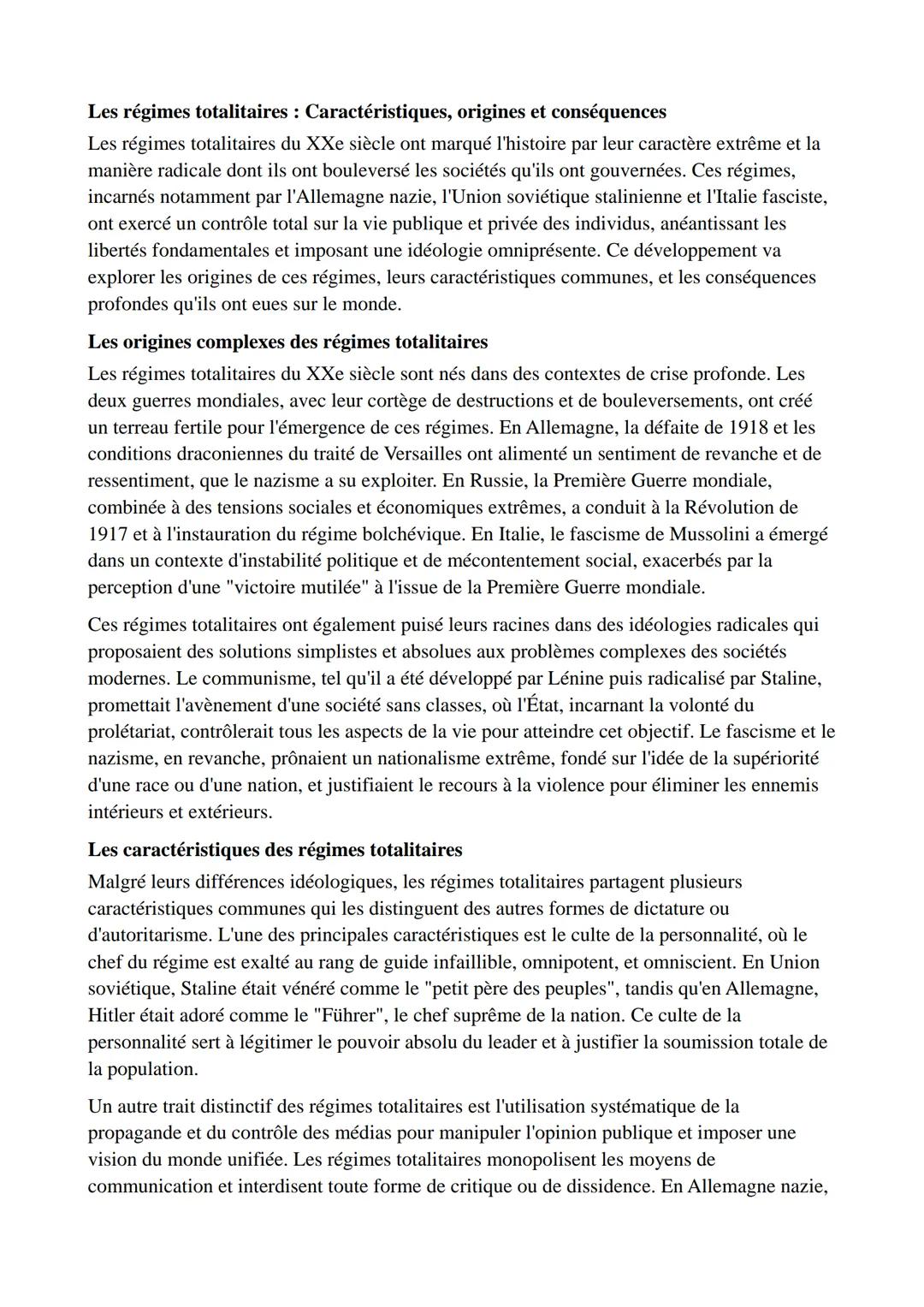 Les régimes totalitaires : Caractéristiques, origines et conséquences
Les régimes totalitaires du XXe siècle ont marqué l'histoire par leur 
