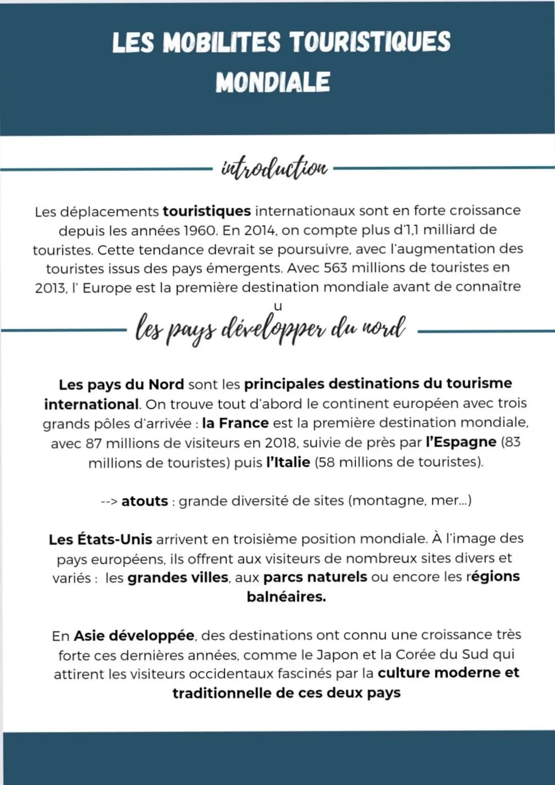 LES MOBILITES TOURISTIQUES
MONDIALE
introduction
Les déplacements touristiques internationaux sont en forte croissance
depuis les années 196