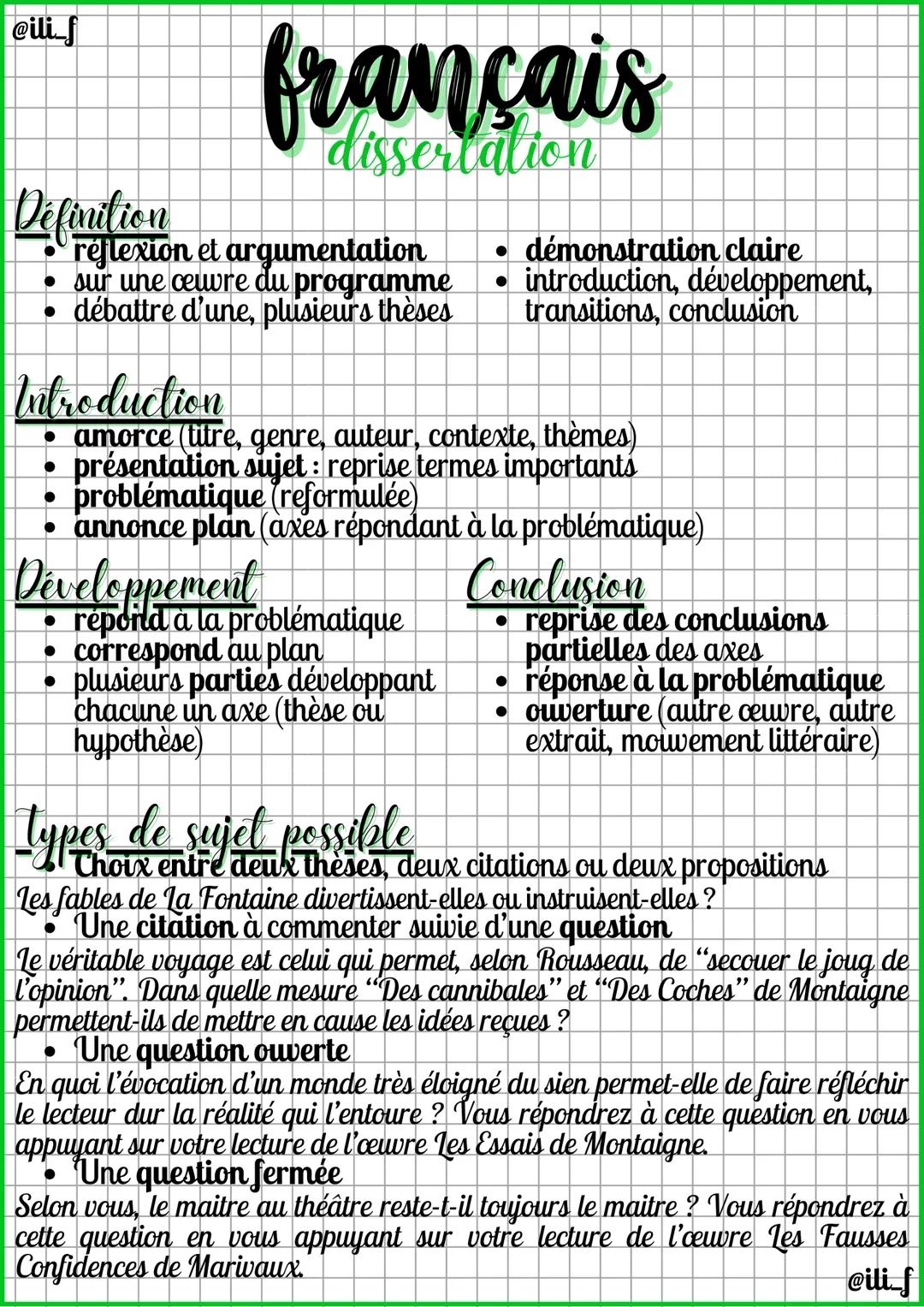 @ilif

# français
dissertation

## Définition
- réflexion et argumentation
- sur une cewre du programme
- débattre d'une, plusieurs thèses

