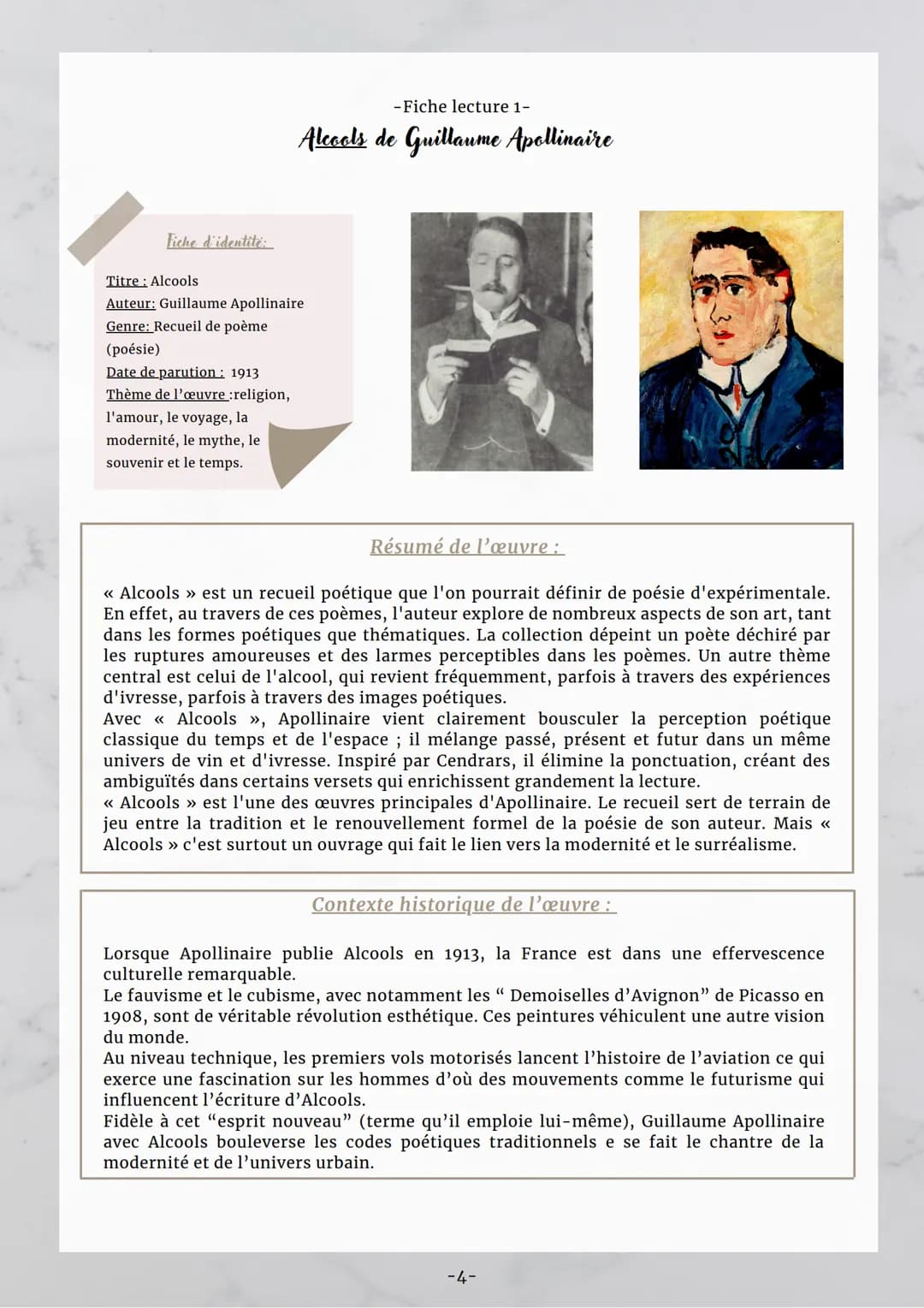 Fiche d'identité:
- Fiche lecture 1-
Alcools de Guillaume Apollinaire
Titre: Alcools
Auteur: Guillaume Apollinaire
Genre: Recueil de poème
(