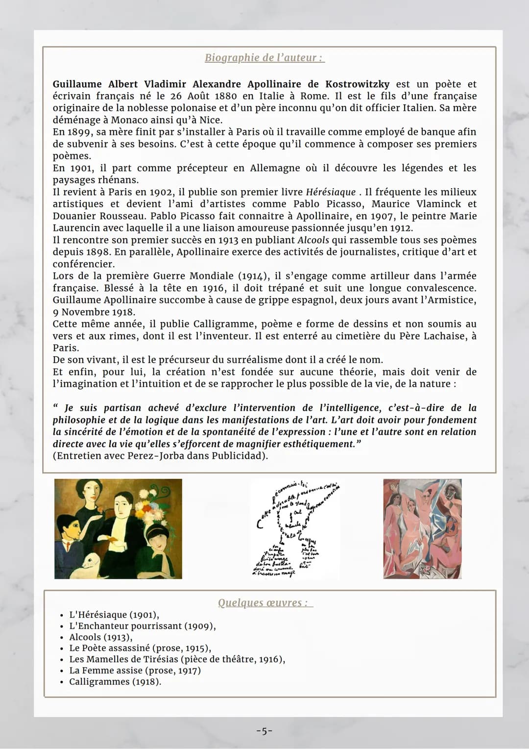 Fiche d'identité:
- Fiche lecture 1-
Alcools de Guillaume Apollinaire
Titre: Alcools
Auteur: Guillaume Apollinaire
Genre: Recueil de poème
(