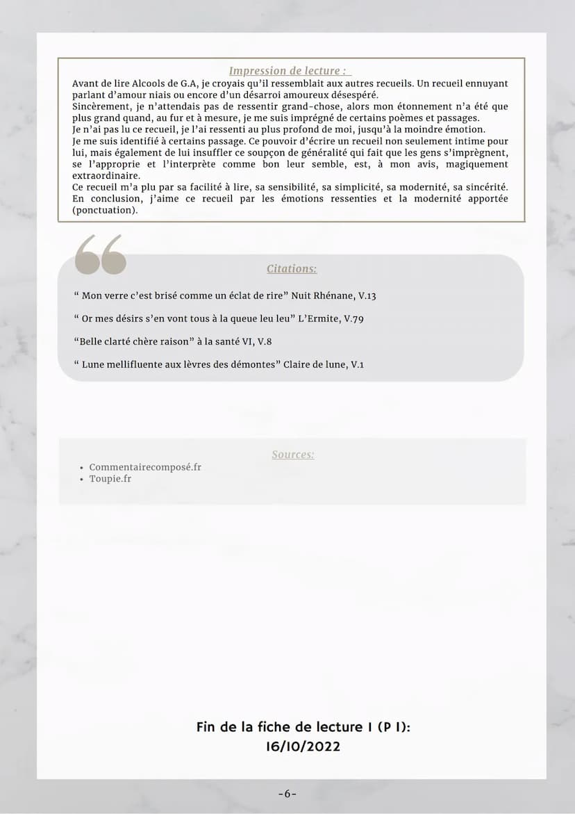 Fiche d'identité:
- Fiche lecture 1-
Alcools de Guillaume Apollinaire
Titre: Alcools
Auteur: Guillaume Apollinaire
Genre: Recueil de poème
(
