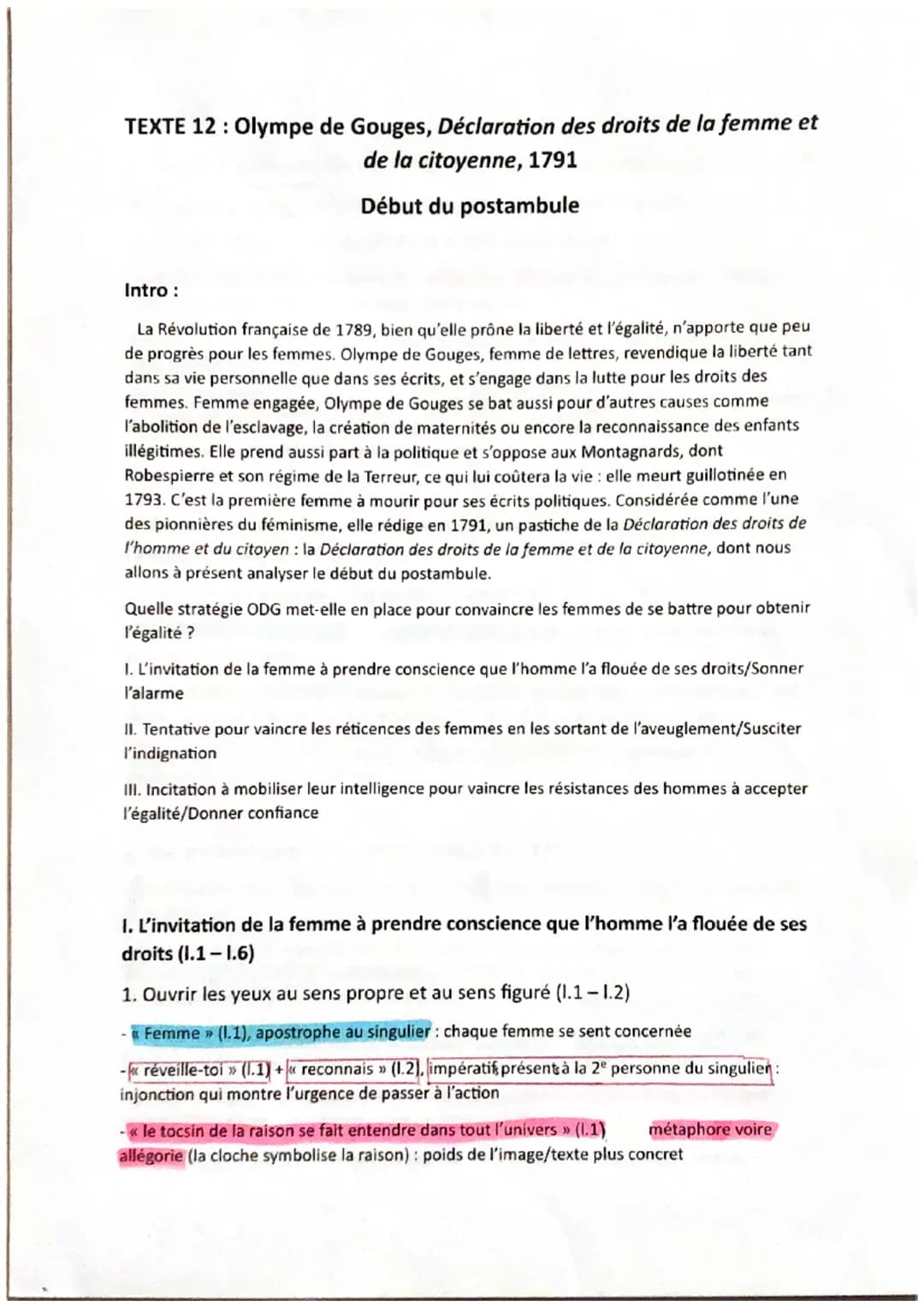 TEXTE 12: Olympe de Gouges, Déclaration des droits de la femme et
de la citoyenne, 1791
Début du postambule
Intro :
La Révolution française 