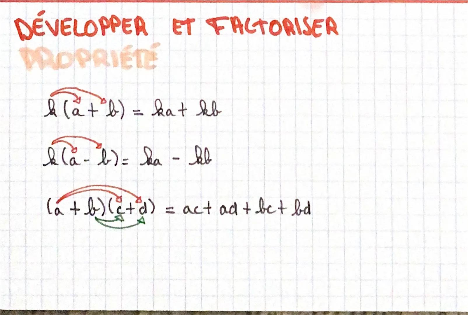 DÉVELOPPER ET FACTORISER
PROPRIÉTÉ
$b (a + b) = ka + kb$
$b(a - b)= ka - kl$
$(a + b)(c+d) = act ad + bc + bd$ EXEMPLE

(3x+2)²-(x+7) (3x+2)