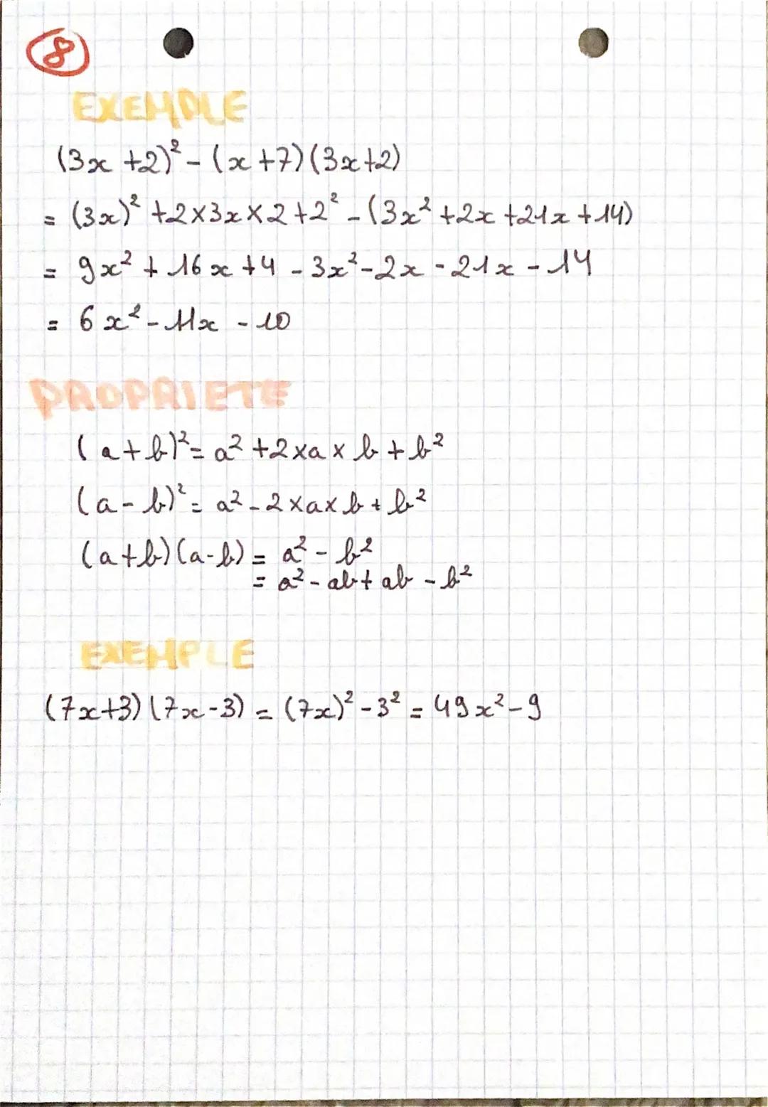 DÉVELOPPER ET FACTORISER
PROPRIÉTÉ
$b (a + b) = ka + kb$
$b(a - b)= ka - kl$
$(a + b)(c+d) = act ad + bc + bd$ EXEMPLE

(3x+2)²-(x+7) (3x+2)