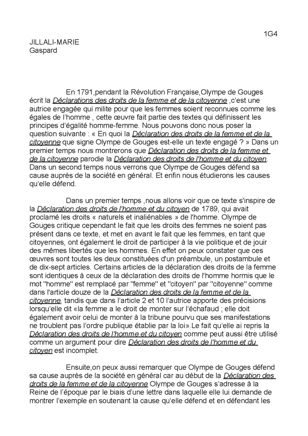 Fiche de Lecture Déclaration des Droits de la Femme et de la Citoyenne PDF - Analyse et Résumé Olympe de Gouges