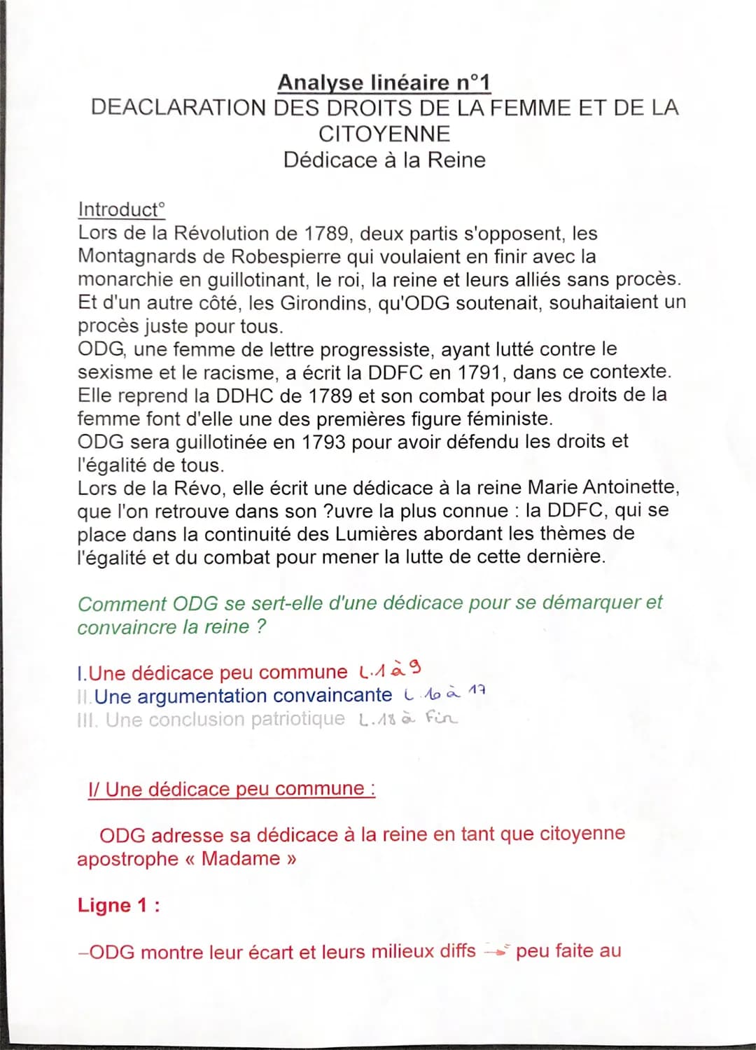 Analyse linéaire n°1
DEACLARATION DES DROITS DE LA FEMME ET DE LA
CITOYENNE
Dédicace à la Reine
Introduct
Lors de la Révolution de 1789, deu