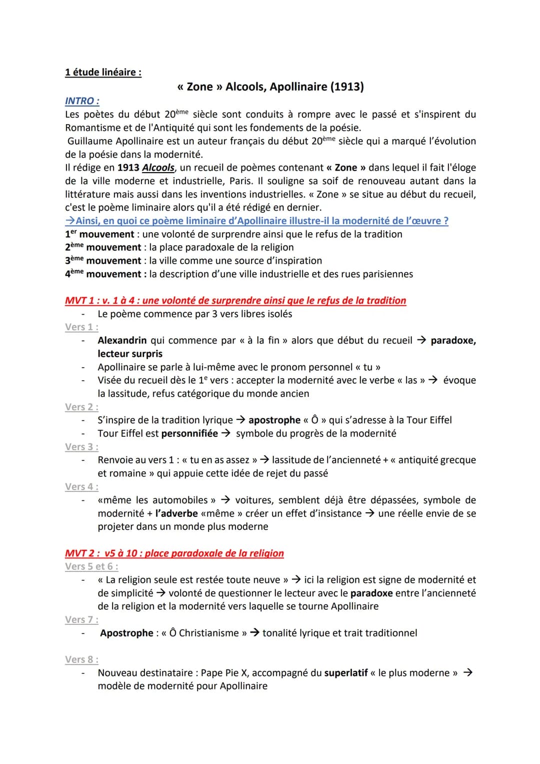 1 étude linéaire:
<< Zone >> Alcools, Apollinaire (1913)
INTRO:
Les poètes du début 20ème siècle sont conduits à rompre avec le passé et s'i