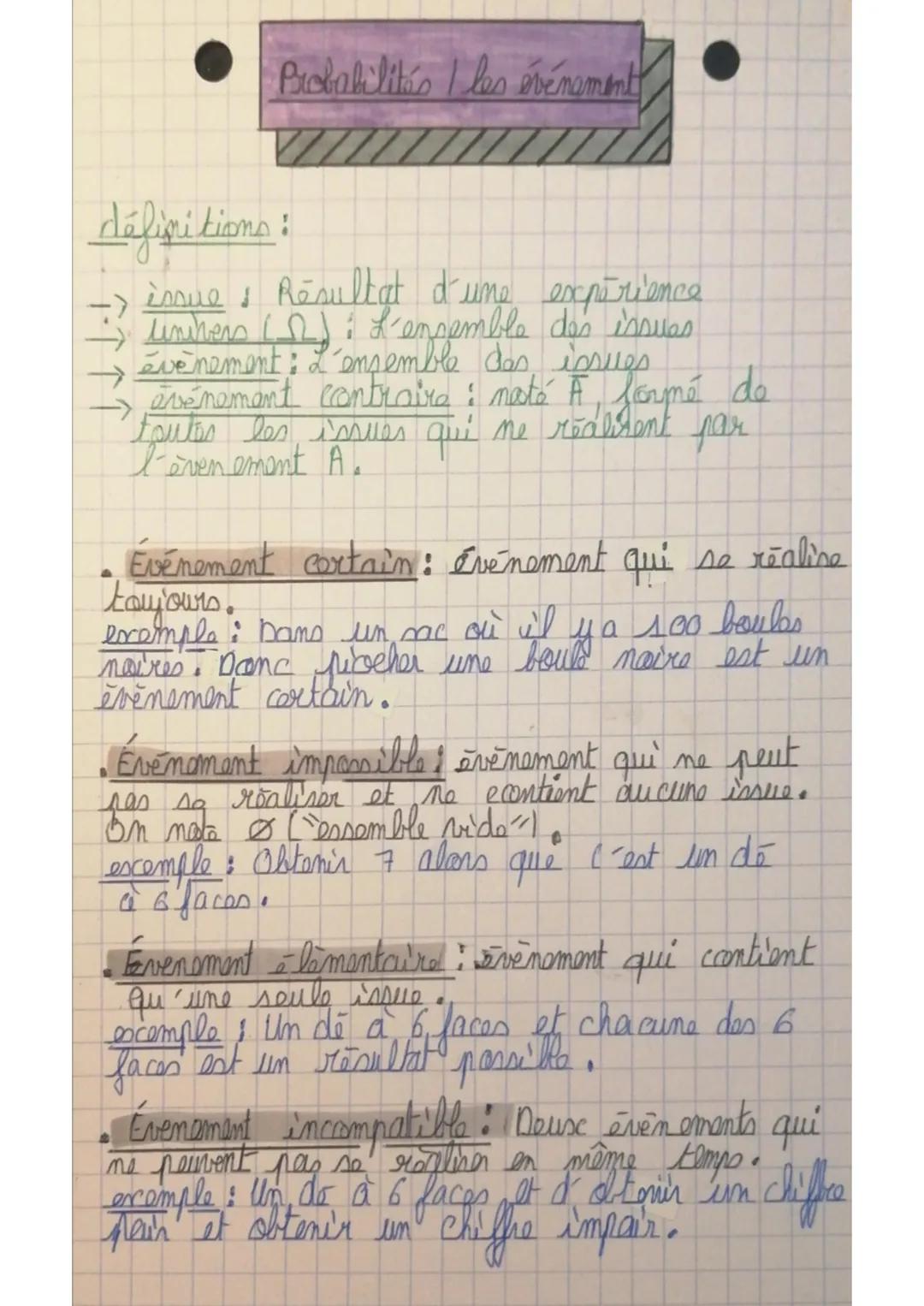 Probabilités Lles événement

définitions:

→issue: Résultat d'une expérience
→Lunchers (2) L'ensemble des issues
→évènement: L'ensemble ense