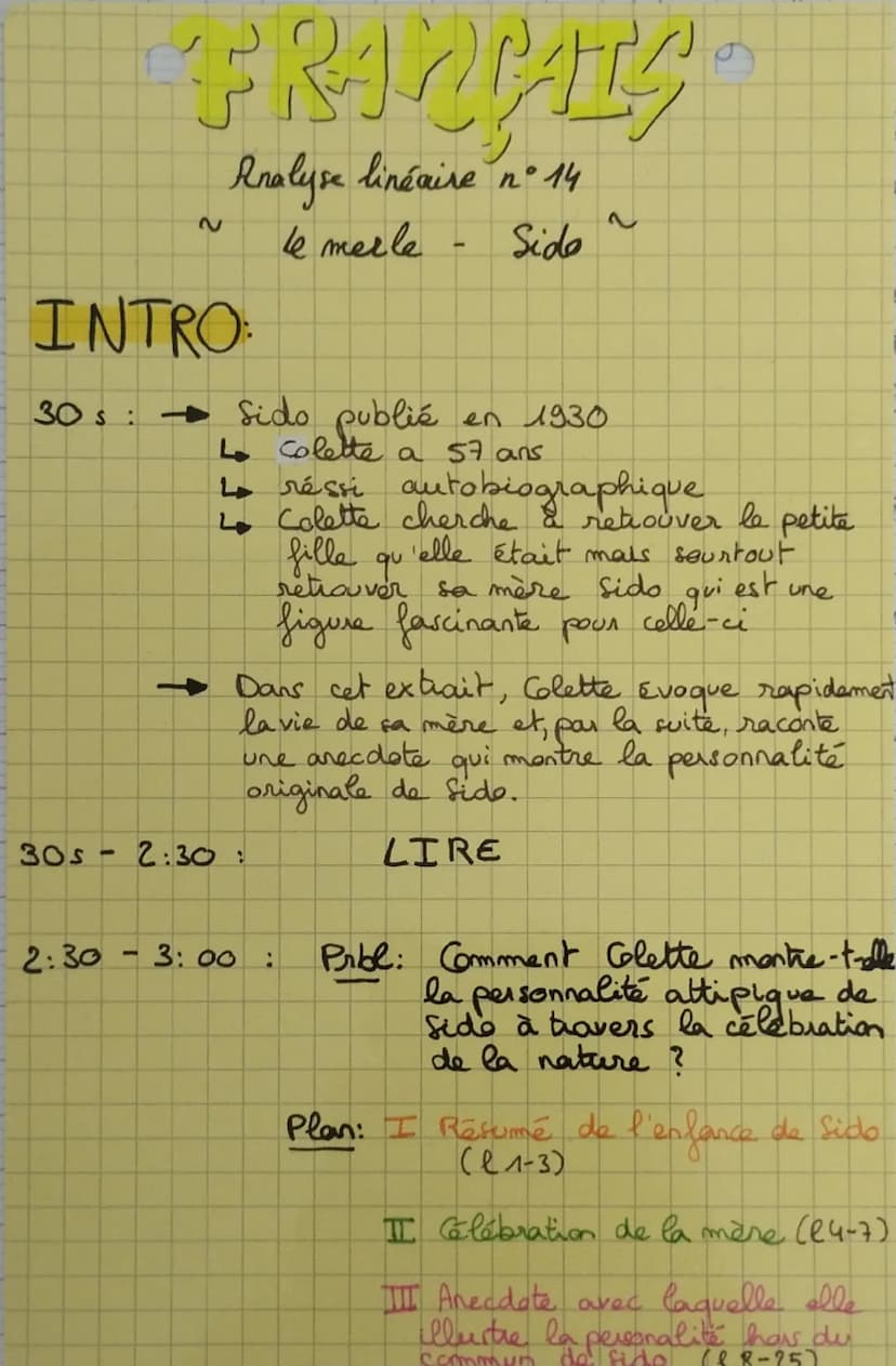 5
10
15
20
Objet d'étude n°4, le roman et le récit du Moyen-âge au XXIème siècle
Sido suivi de Les vrilles de la vigne de Colette
Explicatio