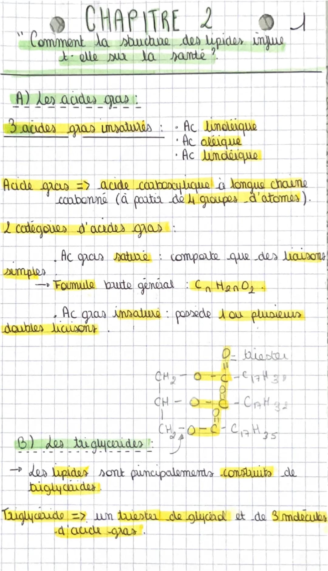 CHAPITRE 2
Comment la structure des lipides influe
t-elle sur la santé
A) les acides gras
3 acides gras insatures: • Ac linoléique
•Ac aliqu