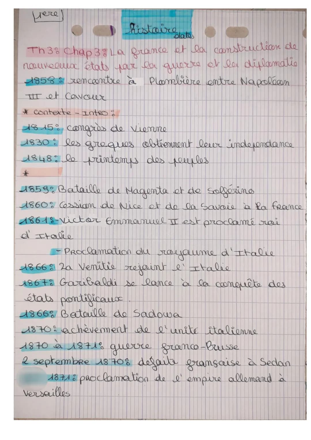нече
histoire to
S
Th 3: Chap 38 La france et la construction de
nouveaux états par la guerre et la diplomatie
1858 rencontre à Plombière en