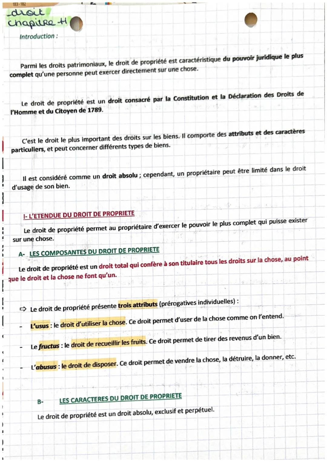 1
183-182
droit
Chapitre H
Introduction:
Parmi les droits patrimoniaux, le droit de propriété est caractéristique du pouvoir juridique le pl