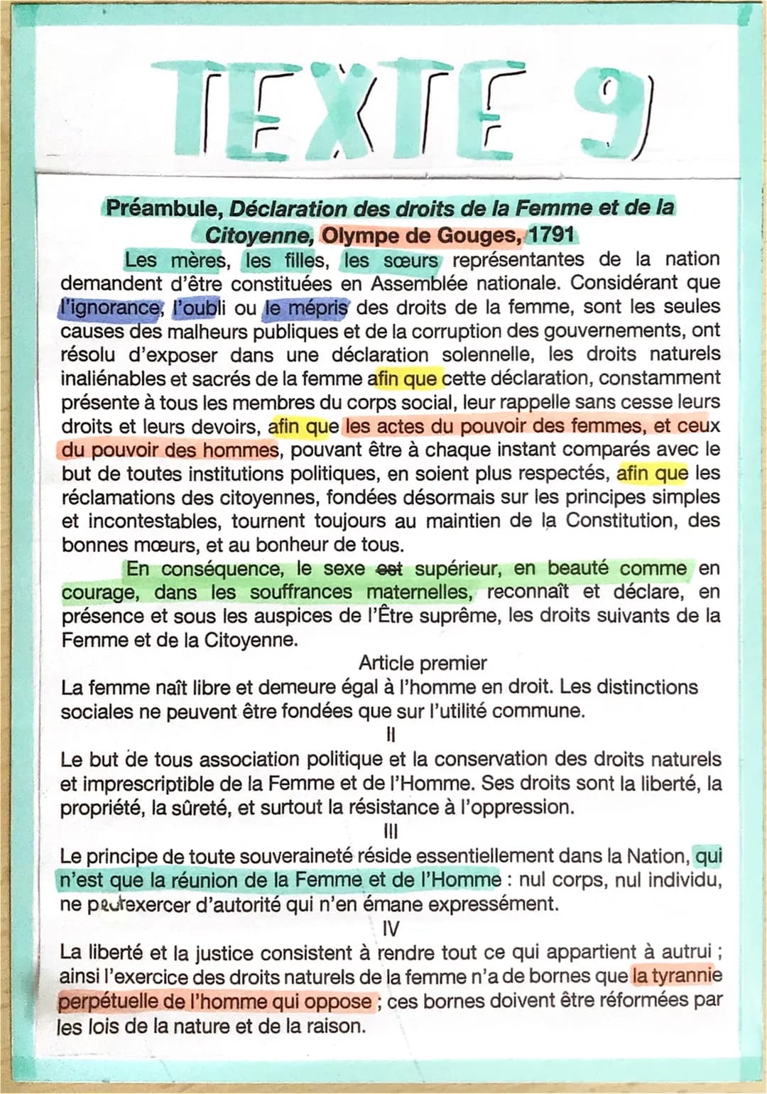 TEXTE
9
Préambule, Déclaration des droits de la Femme et de la
Citoyenne, Olympe de Gouges, 1791
Les mères, les filles, les sœurs représenta