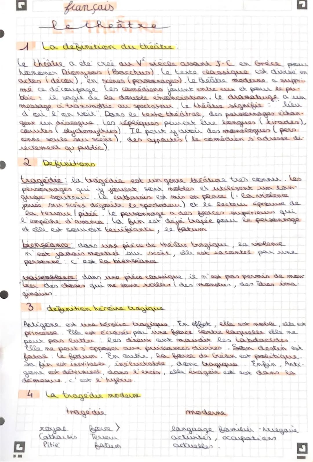 G
français
le theatre
1 La definition du théâtre.
le theatre a été crée au vª siècle avant J-C en Grèce pour
hononer Dionysus (Bacchus). Le 