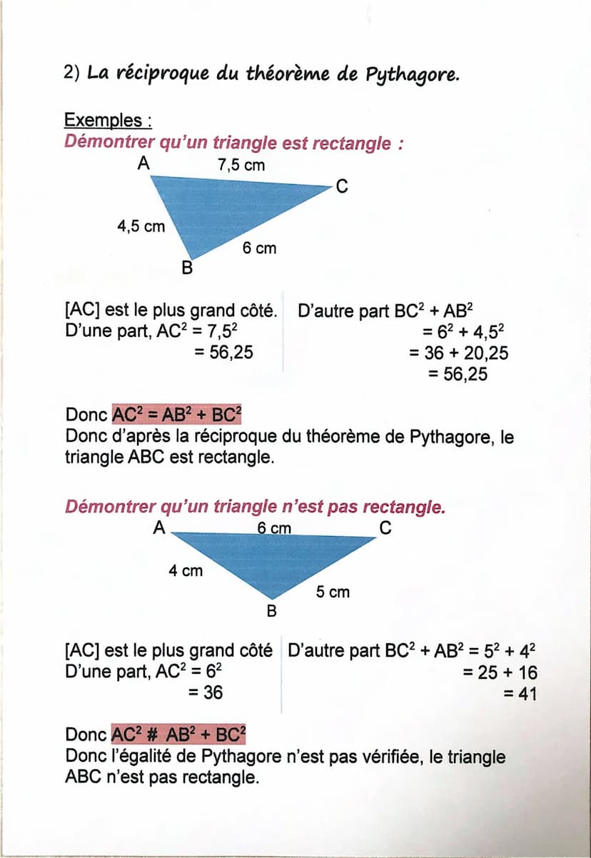 Théorème de Pythagore
Rappel: Dans un triangle rectangle, l'hypoténuse est le
coté le plus long.
1) L'égalité de Pythagore.
(formule) : Lors