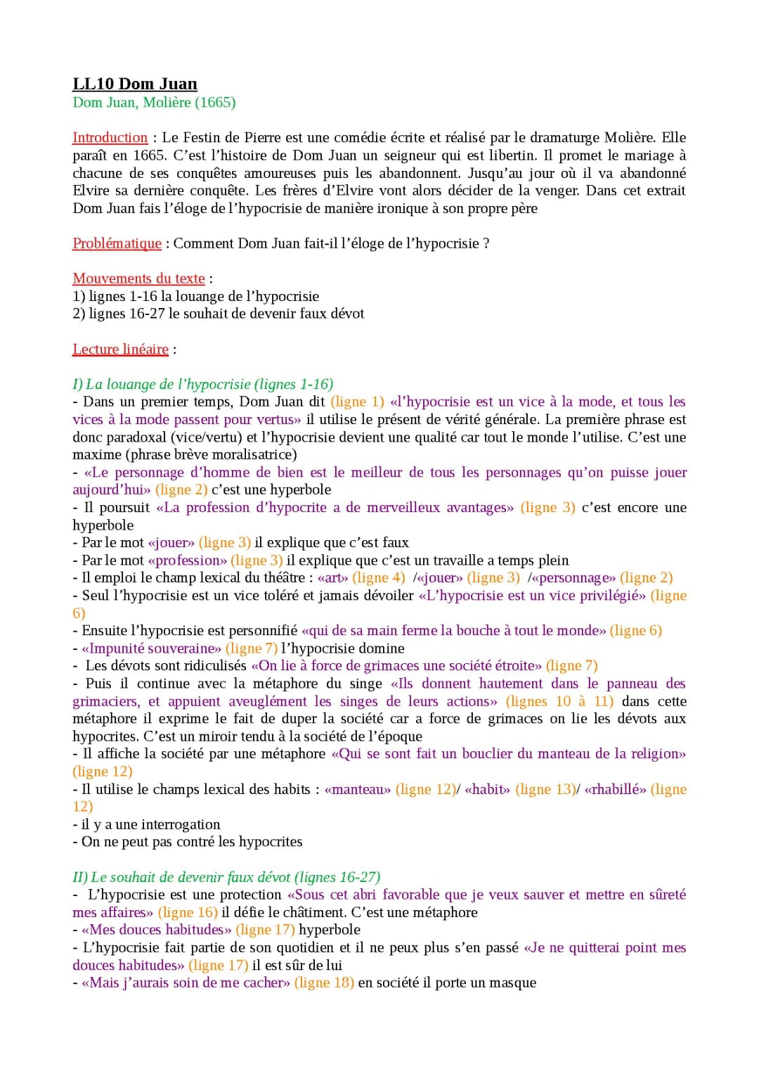 Lecture linéaire n°10 de Dom Juan par Molière pour le Bac de Français