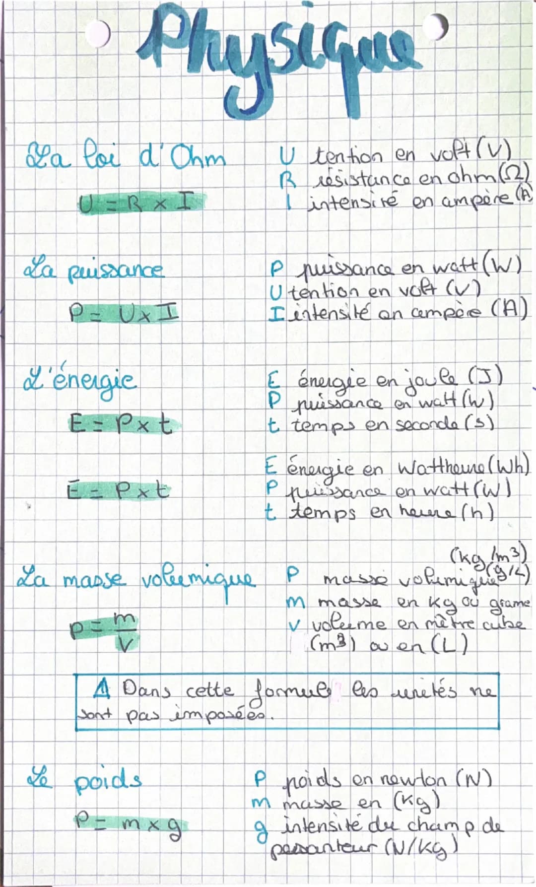 •
Physique
La loi d'Ohm.
La puissance
P = UXI
L'énergie
E = P x t
E = P x t
La masse volumique
m
V
>
Utention en volt (V)
B resistance en oh