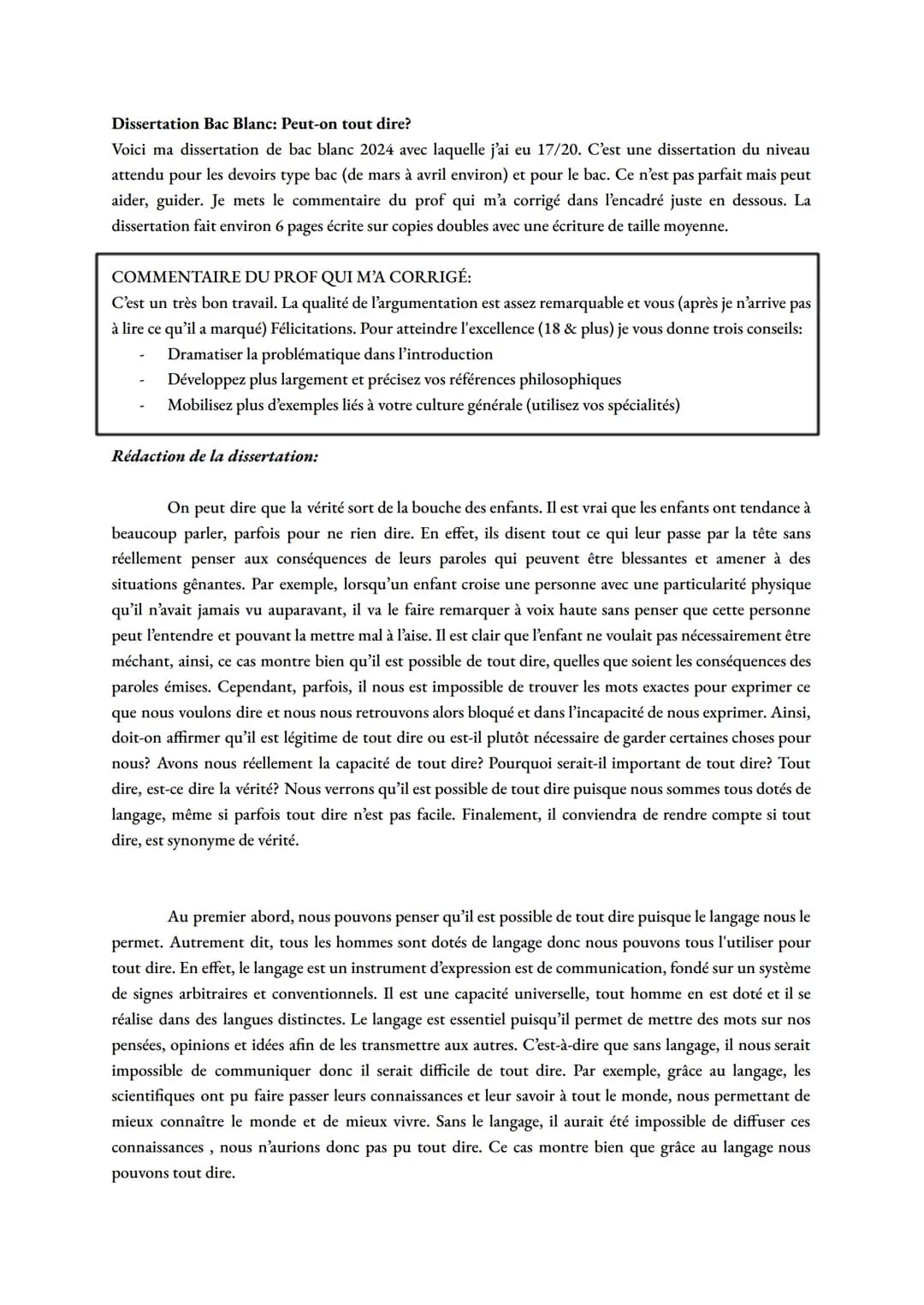Dissertation Bac Blanc: Peut-on tout dire?
Voici ma dissertation de bac blanc 2024 avec laquelle j'ai eu 17/20. C'est une dissertation du ni