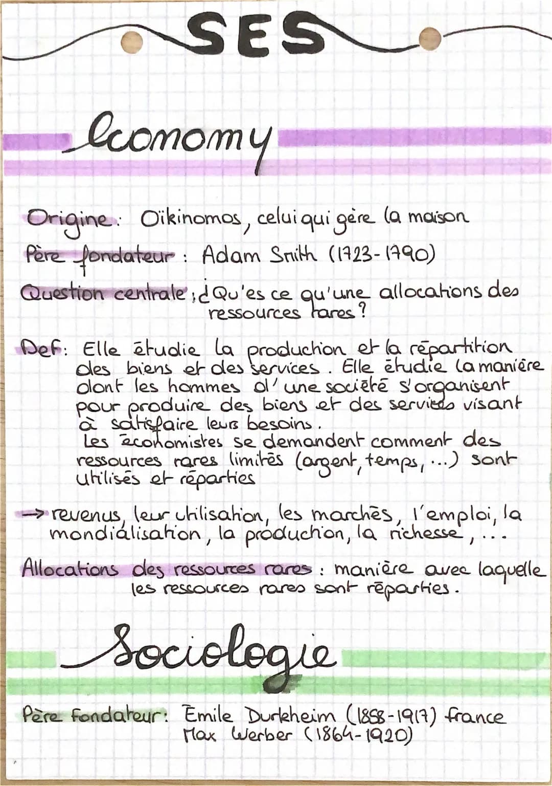 SES
economy
Origine Oikinomos, celui qui gère la maison
Père fondateur: Adam Smith (1723-1790)
Question centrale, ¿Qu'es ce qu'une allocatio