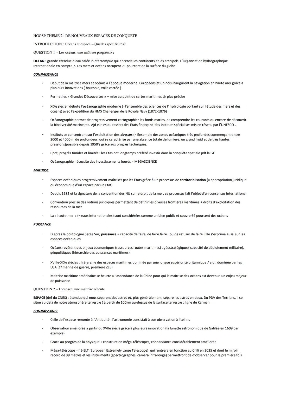 HGGSP THEME 2: DE NOUVEAUX ESPACES DE CONQUETE
INTRODUCTION : Océans et espace - Quelles spécificités?
QUESTION 1 - Les océans, une maîtrise