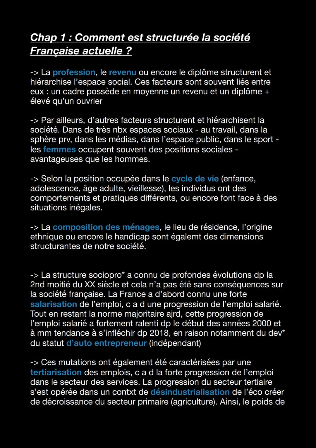 Chap 1: Comment est structurée la société
Française actuelle ?
-> La profession, le revenu ou encore le diplôme structurent et
hiérarchise l