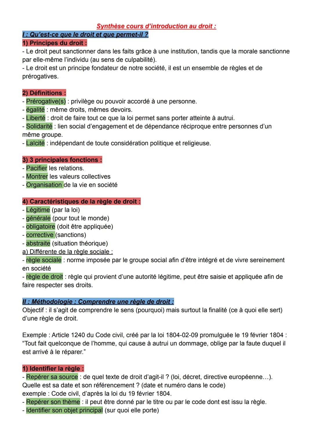 Synthèse cours d'introduction au droit :
1: Qu'est-ce que le droit et que permet-il ?
1) Principes du droit :
- Le droit peut sanctionner da