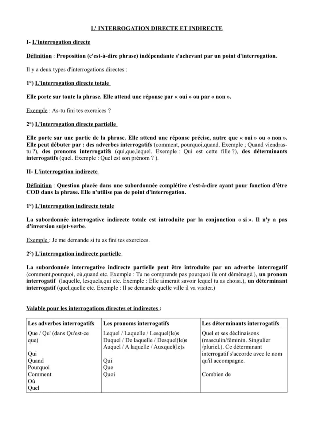 I- L'interrogation directe
Définition: Proposition (c'est-à-dire phrase) indépendante s'achevant par un point d'interrogation.
Il y a deux t