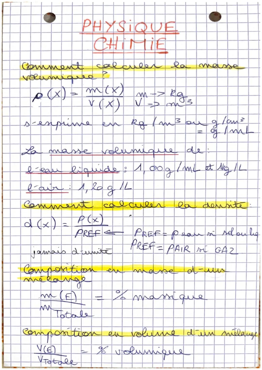 # PHYSIQUE
# CHIMIE
Comment calculer la masse
volumique?

$\rho(x) = \frac{m(x)}{V(x)}$  $m -> Kg$
$V -> m^3$
s-esprime en $Rg/m^3$ ou $g/cm