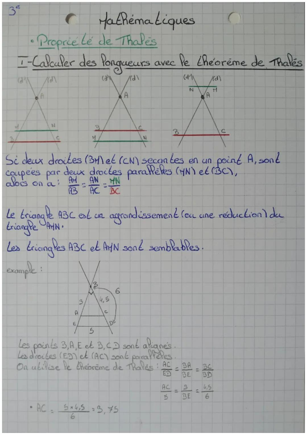 39
• Proprie Le de Thales
I-Calculer des longueurs
Ady
/(dl
A
N
C
coupees par
alors
on a
Mathématiques
A
AN MN
2
=
AB AC BC
E
ca
3
4
تا
B
Si