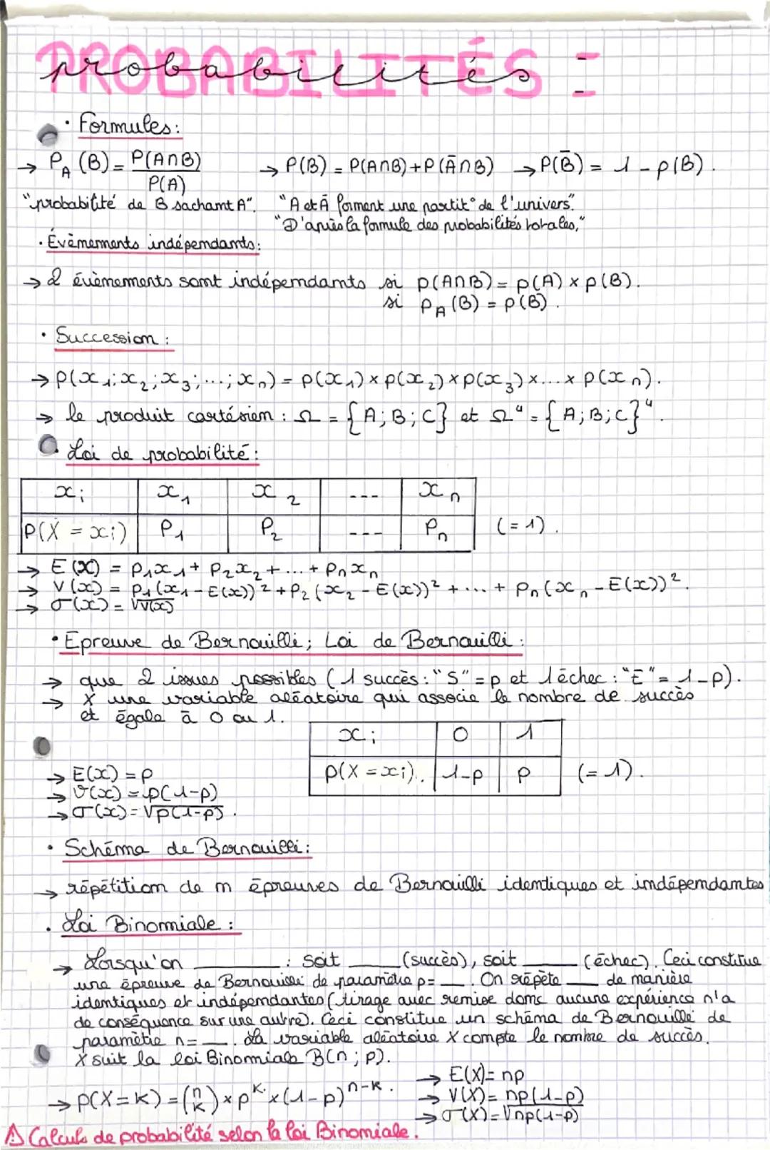 PROBABILIés -
ря
.
• Formules:
→ PA (B) = P(ANB)
P(A)
->
→ P(B) = P(ANB)+P(ANB) P(B) = 1 - PIB).
"probabilité de B sachamt A". "A et A Porme