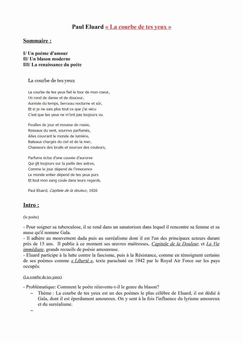 Paul Eluard
La cambe de ter your
а
сих
"La courbe de tes yeux fait le tour de mon coeur, - Un rond
de danse et de douceur, - Auréole du temp