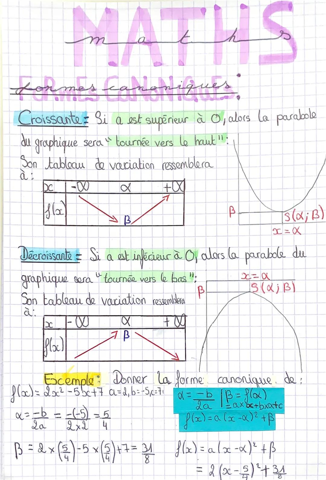 # MATHS

Fon mes canoniques

Croissante: Si a est supérieur à O, alors la parabole
du graphique sera tournée vers le haut":
Son tableau de v