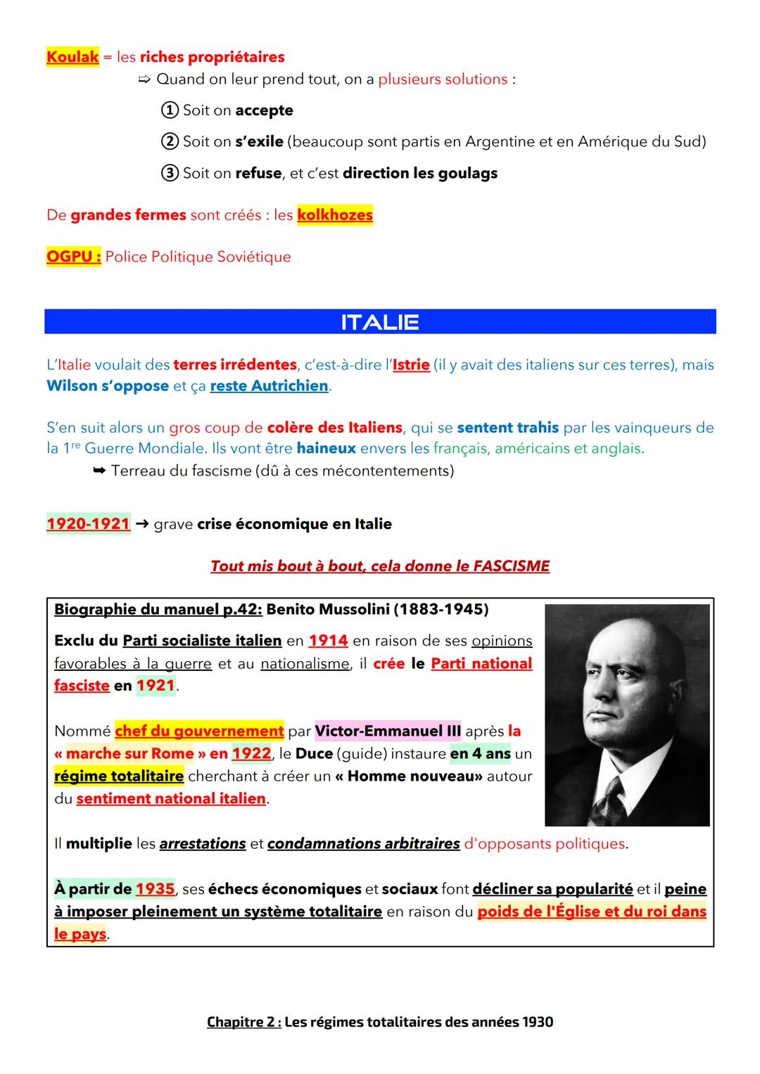 THÈME 1 - DES ANNÉES 1920 À 1945
Chapitre 2 : Les régimes totalitaires dans les années 1930
Introduction au cours, contexte et quelques noti