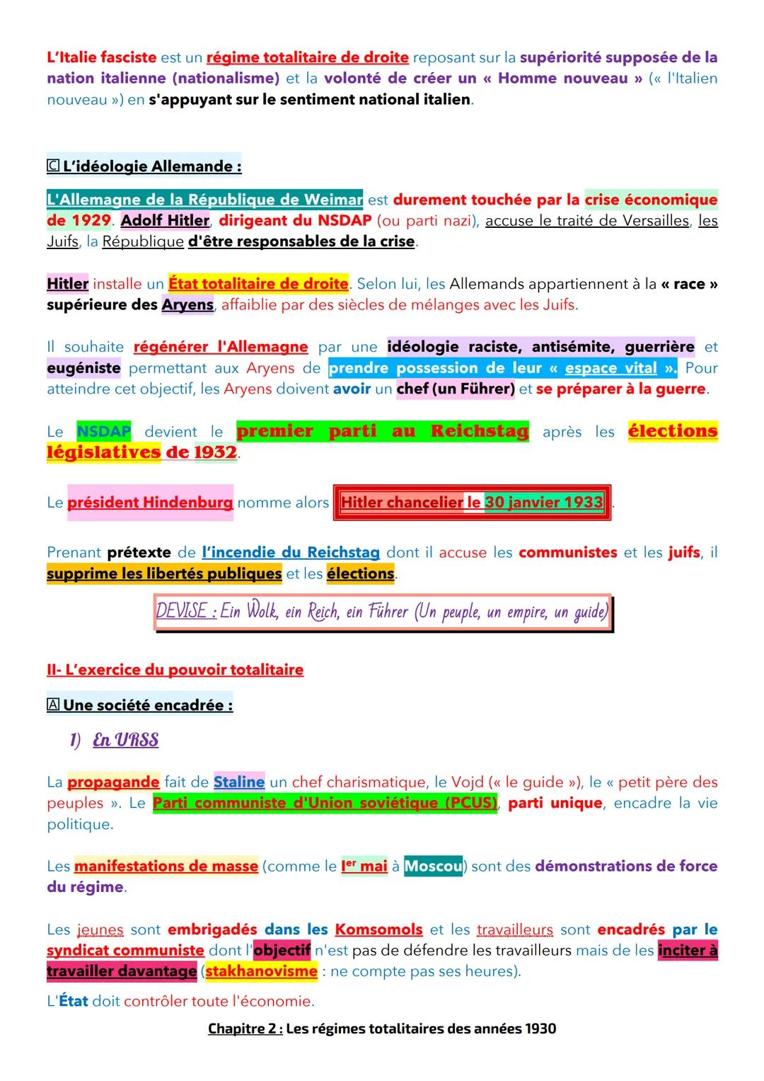 THÈME 1 - DES ANNÉES 1920 À 1945
Chapitre 2 : Les régimes totalitaires dans les années 1930
Introduction au cours, contexte et quelques noti