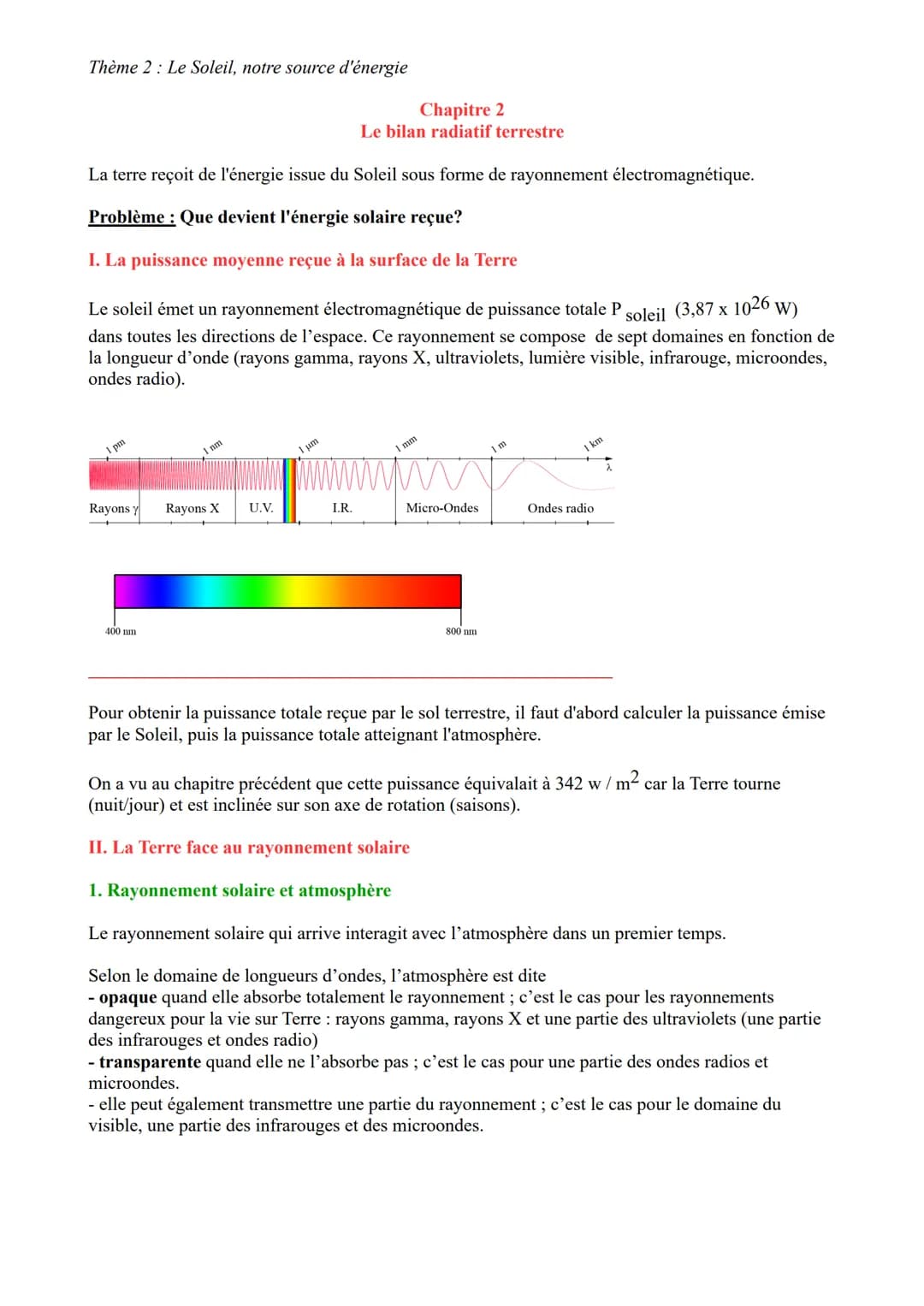 Thème 2: Le Soleil, notre source d'énergie
La terre reçoit de l'énergie issue du Soleil sous forme de rayonnement électromagnétique.
Problèm