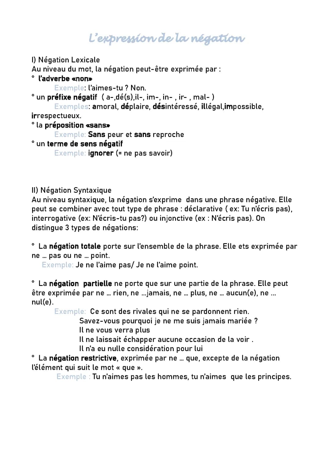 La négation en français pour 1ère - Exercices et PDF faciles
